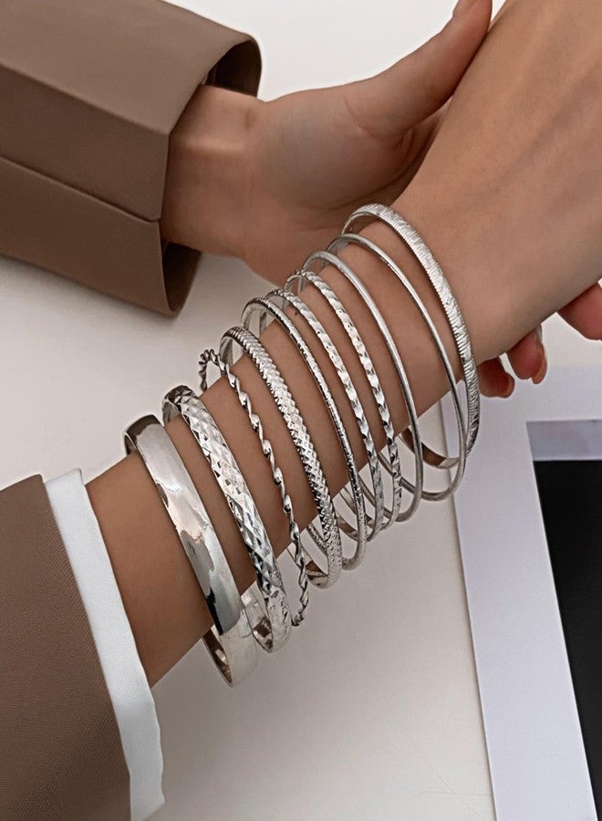 IFKM 5 PACK (35 PCS) Silver Chain Bangles Bracelets Set for Women, Silver Multiple Layered Stackable Open Cuff Bangle Anklet Bracelet Trendy Elegance Link Beads Italian Boho Cuban Jewelry for Women Gift - Image 3
